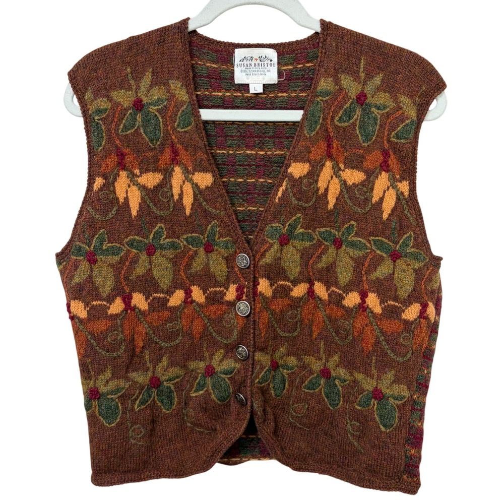 Vintage 1991 Susan Bristol Hand Embroidered Floral Plaid Sweater Vest Brown L